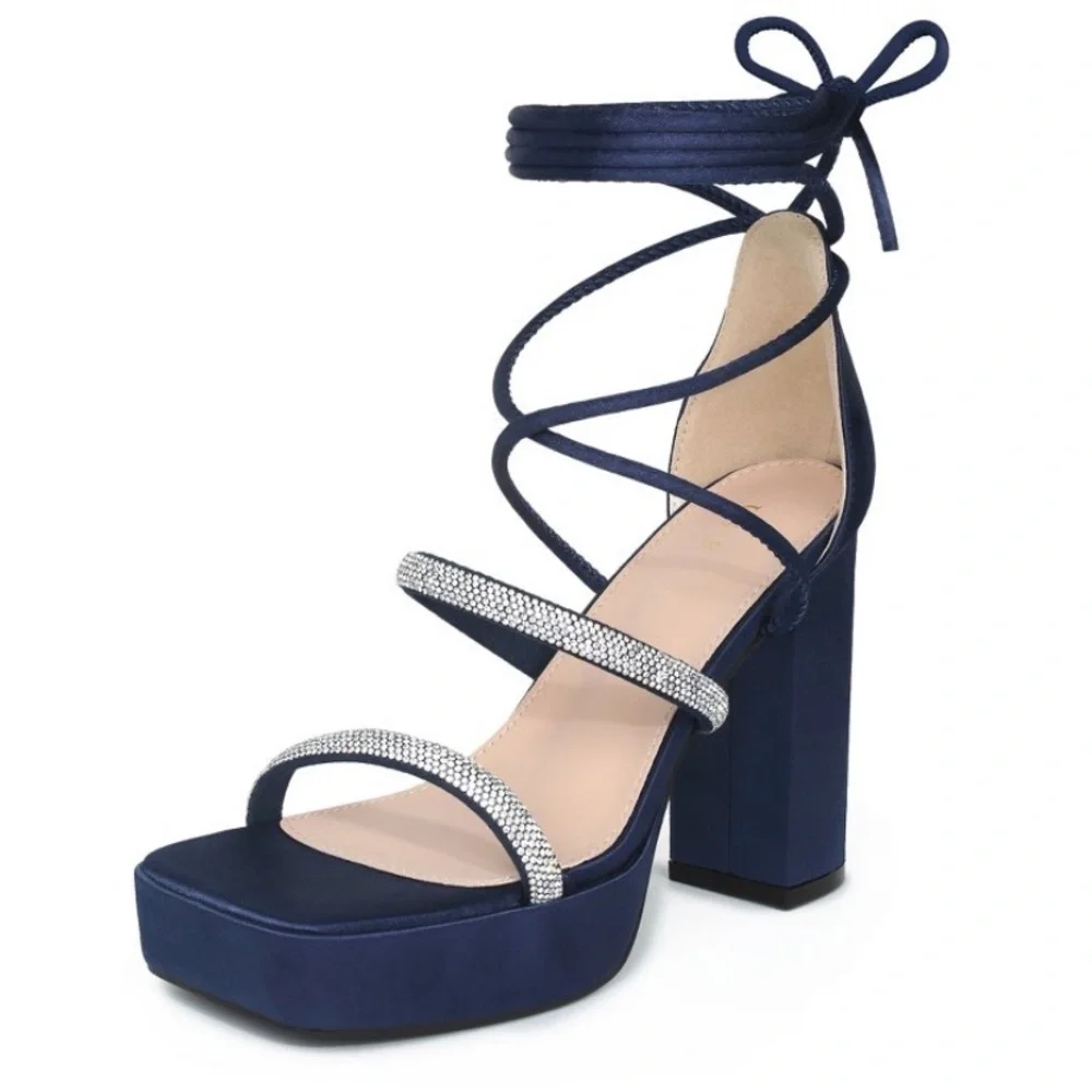 Perphy Women's Rhinestone Strap Lace Up Chunky High Heel Platform Sandal new